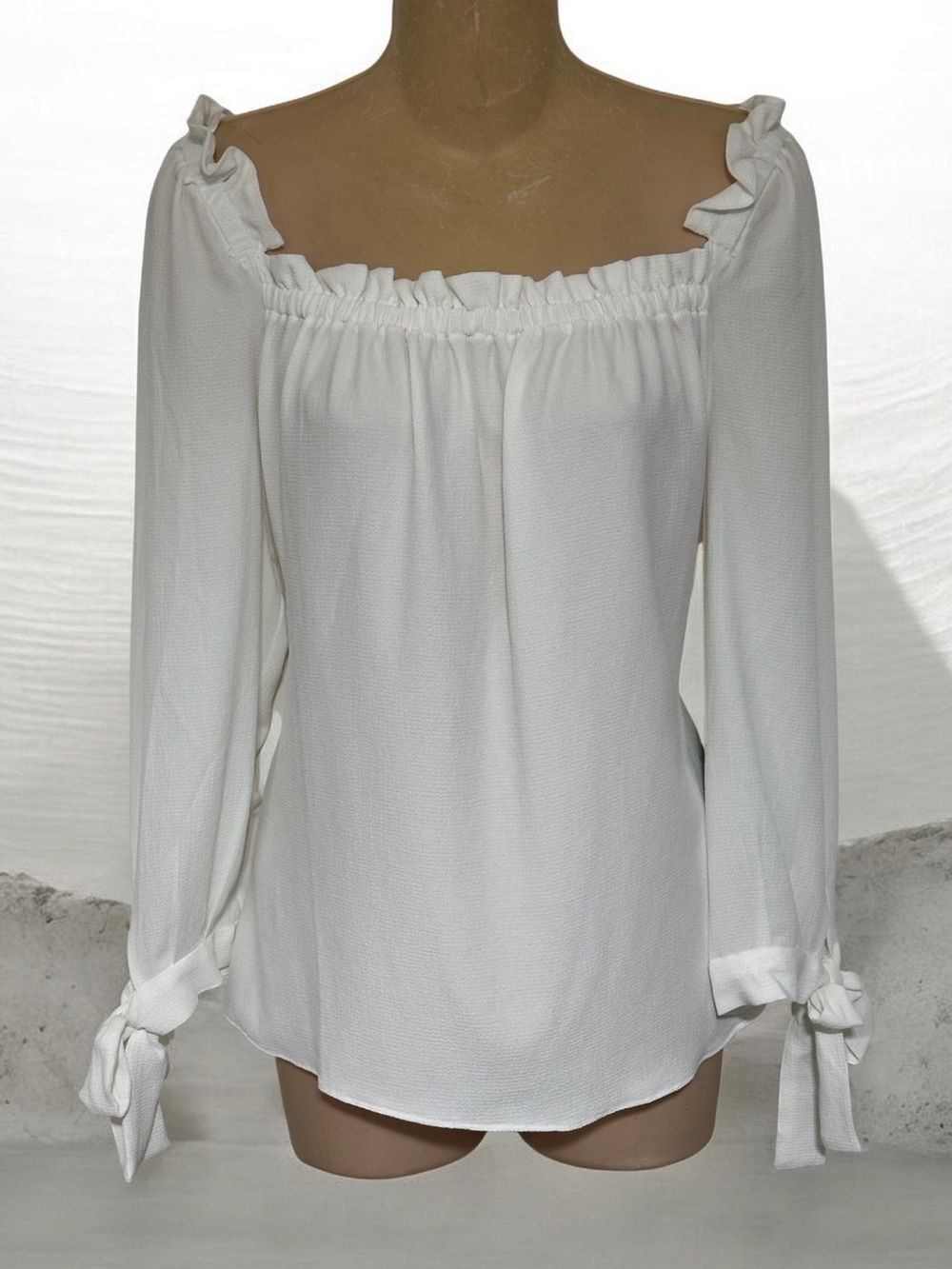 CeCe White Off-Shoulder Ruffle Tie-Sleeve Blouse